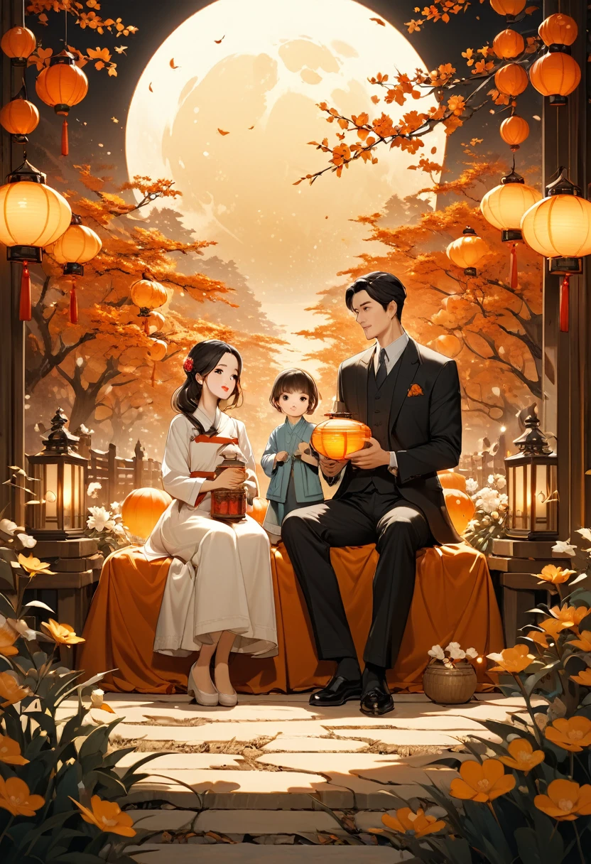 mid-autumn festival，Handsome father and charming beautiful mother, a cute  and a family sitting in the garden holding a lantern(There are many beautiful flowers in the foreground)Let’s enjoy the huge and beautiful moon. The warm, peaceful and happy atmosphere. The movie lights. Warm tones. Masterpiece. The happy scene is very beautiful., perfect composition, intricate details, Super detailed ( perfect anatomy ) Beautifully, 清新優雅的審美風格噴槍數位油畫精緻的藝術作品 營造出mid-autumn festival歡樂場景 (unique style)Very detailed, Real raw photos, best movie quality, Extremely fine texture, High quality work from a master artist