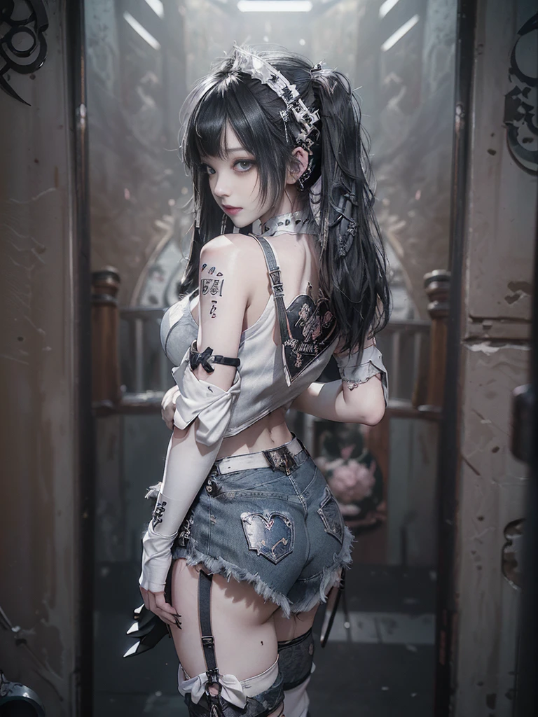 (Full Body View:1.3)、(Back view:1.5)、(High school girl cosplay:1.3)、(Smiling with teeth showing:1.3),(Shibuya Gal:1.5)、(Neo-goth style fashion:1.5)、(Punk RockVisual Kei:1.4)、(Medieval noble gimp in denim, silver and charcoal:1.5)、(Denim medieval white arm covers and garter shorts:1.5)、(White denim high heels:1.3)、(Wearing silver accessories:1.5)、(Denim collar:1.4)、(White leather garter belt:1.4)、(Brown Skin Belt:1.3)、(White lace underwear:1.5)、20-year-old、NSFW、((Highest quality、In 8K、masterpiece:1.3))、Sharp focus:1.2、(Layered Cut、Huge boobs:1.1),Beautiful woman with perfect figure:1.4、(Ballerina posing:1.3)、Slender Abs:1.2、Highly detailed face and skin texture、Detailed eyes、double eyelid,(Twin tails:1.3)、(Black Hair:1.3)、Gravure idol、(The background is a VIP room of a high-class cabaret club surrounded by countless flowers outdoors on a sunny day.:1.3)、(Slim Body:1.3),(Make your legs thinner:1.4),(clavicle:1.1)