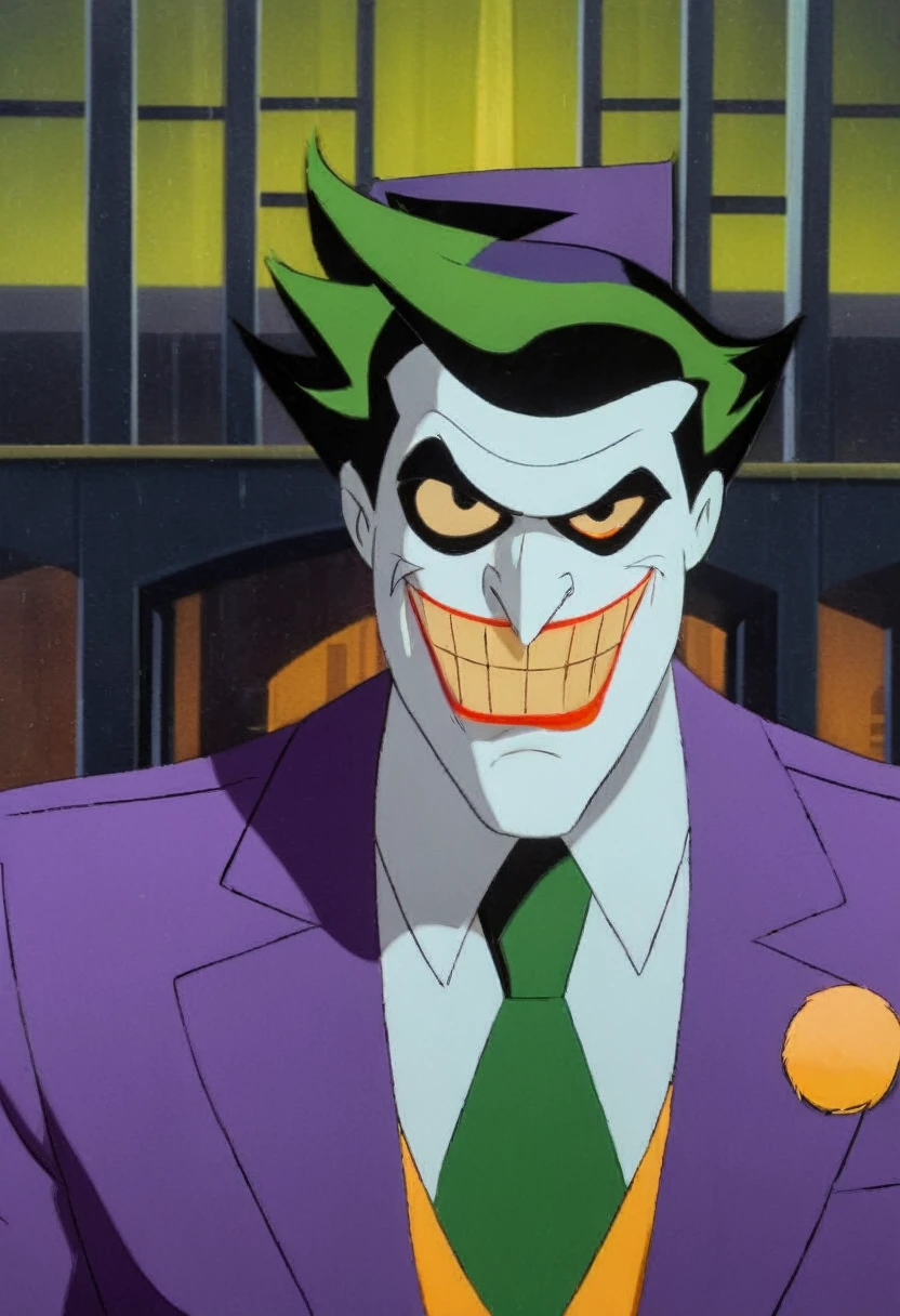 anime artwork of  In Gotham City a cartoon joker with a tie and a purple suit Batman The Animated Series Style, anime style, key visual, vibrant, studio anime,  highly detailed