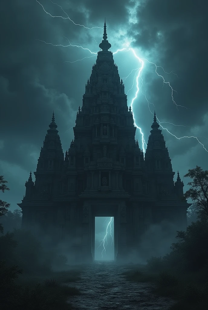 A horrific ancient hindu temple at night black sky and lightning
