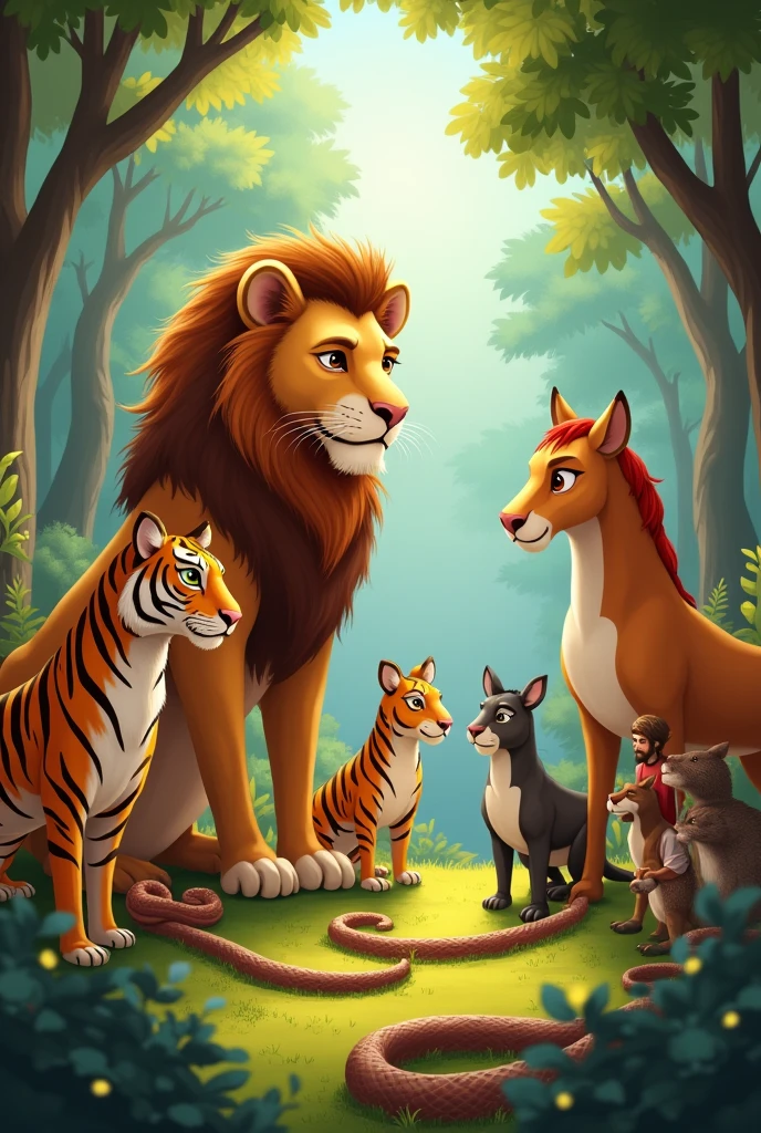 The lion is talking to his friends, the animals such as tigers, snakes, horses, and craftsmen.