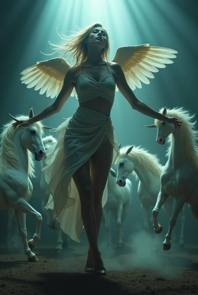 Britney danced, his demanding presence dominated the space, bet, as the music intensified, the winged creatures emanated an aura of restlessness. The unicorns started to approach, the colors of their coats becoming enveloped in even deeper shadows, as if they were being dragged into an abyss from which none of them could escape. best quality, realisitic, realisitic, award-winning illustration, (Highly detailed texture of face and skin), (all-body), (Complicated Detail: 1.2), (fine-details), (Complicated Detail), (Cinematic Lights, luz de fundo de best quality), Sharp lines, sharp focus, offcial art, unity wallpaper 8k, absurdrez, Unbelievably absurd, huge filesize, ultra-, Fantasyart, RTX,((close-up photo of the award-winning studio)), , (escape), , perfect hands, beautiful detailed eyes, face perfect