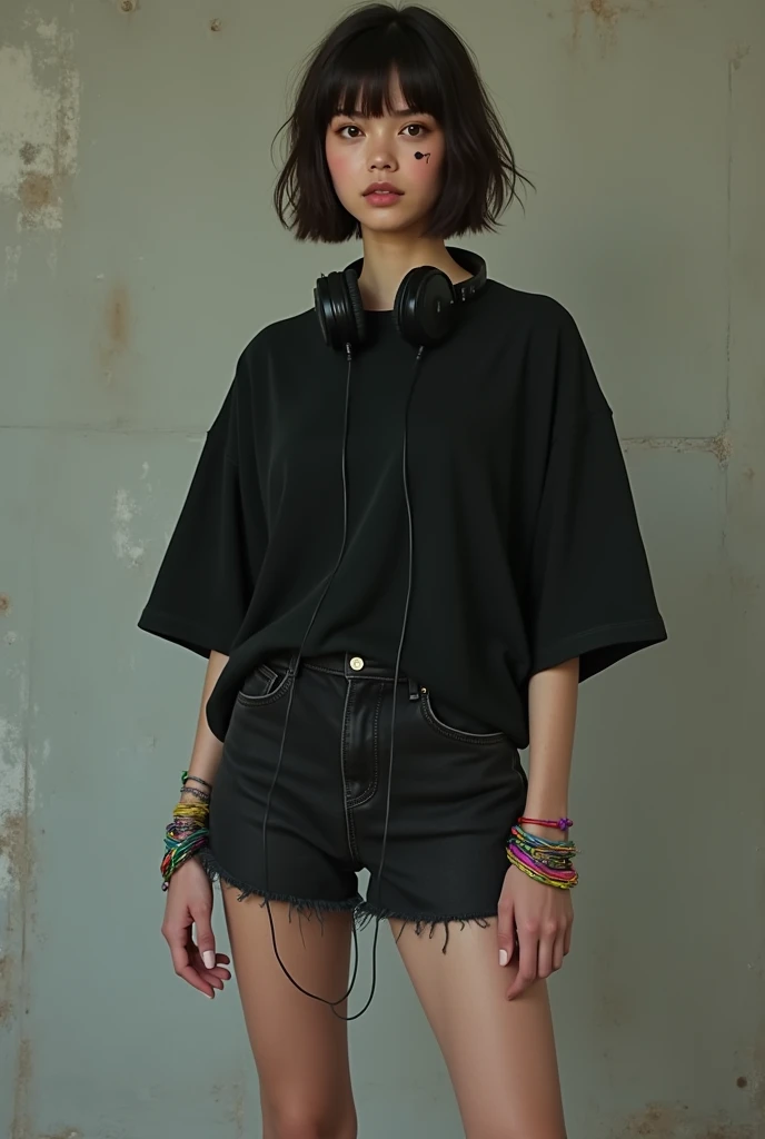 Une fille avec les cheveux brun avec une wolf cut  courte des yeux brun foncé des habits larges et noirs un short en jean noir et tee-shirt large des baskets blanches nike des joues légèrement roses et un grin de beaute sur la joue des bracelets brésilien colorés au poignet blanche bronzé un casque noir de musique autour du coup style réaliste une ceinture noire