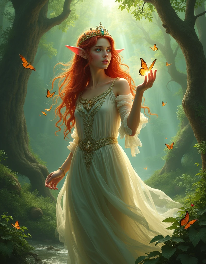 young, beautiful, redhead, dark green eyes, elven dress, tiara, elf, sorcerer, fantasy, magical, whole body, land scape, playing with butterflies