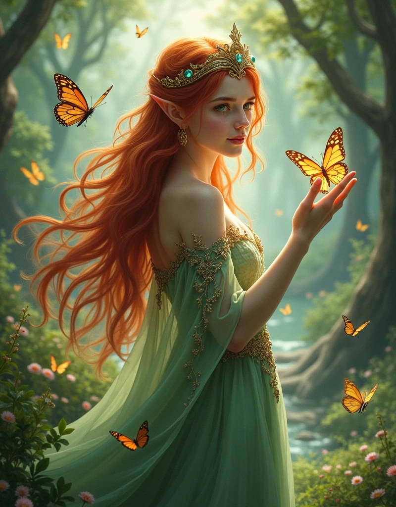 young, beautiful, redhead, dark green eyes, elven dress, tiara, elf, sorcerer, fantasy, magical, whole body, land scape, playing with butterflies