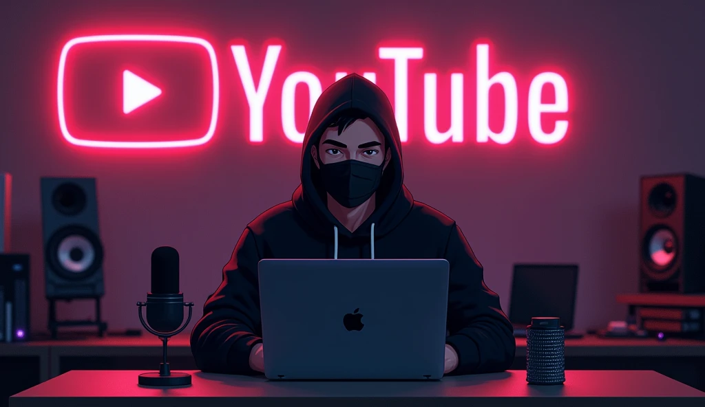 Create an anime-friendly looking
male business character who appears
handsome and smart. He has a good face
and is wearing a black face mask and a black hoodie with a channel name "MKP" on it.
hoodie. The character is sitting behind his
laptop in his office, with his arms on the desk.
It is night, and the room features volumetric
neon lighting. The character is front-facing to
the camera, looking straight and centered. This
is a central portrait with an audio microphone
on the desk near his mouth. The character's
face should occupy about 1/3 of the image size.
He is sitting straight, front view, and centered,
looking straight ahead. The overall ambiance
of the image should convey a connection to
minimalism, with flat illustration, bold lines,
simplification, and a gouache illustration style.
The image should be in 8K resolution.
The background features a
large youtube logo on the wall surrounded
by various recording equipment and
youtubeplaybutton. Ensure the studio has
a,odern youtube aesthetic with professional
lighting to make the avatar stand out. Add
a neon light design font spelling out "MKP" on the wall. The overall scene
should dynamics and visually appealing
perfect for ai talking