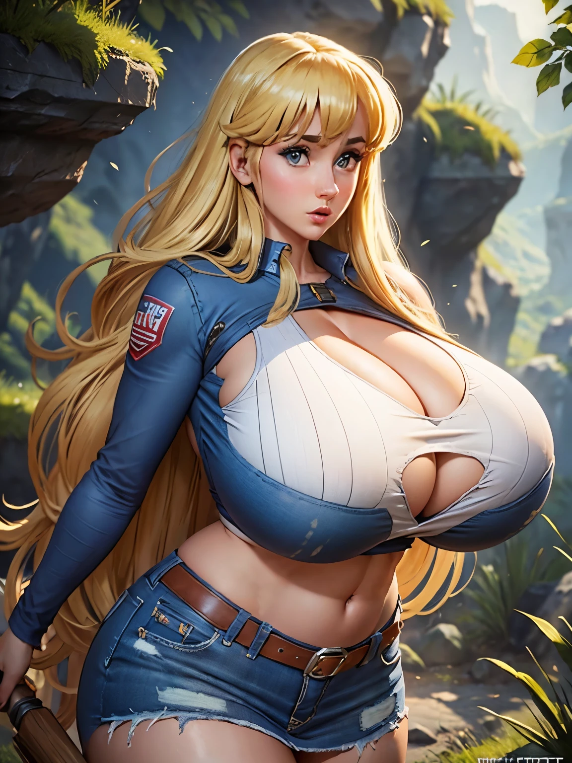 (masterpiece, Highest quality:1.2, 8k, Ultra-high resolution), (1girl), a character of Kochikame, (blonde, long hair), (Ultra Slim Waist, perfect slim model body style), ((over sized crop top shirt, midriff:2.0, under boob:2.0, short jeans skirt)), ((((ultra huge breasts, ultra huge cleavages, ultra huge boobs, ultra huge tits)))), Detailed face, Detailed eyes, Beautiful Eyes, Perfect Eyes, Ultra-realistic & Highly detailed skin texture, (outdoors, cliff, grass, rocks, trees), (standing),