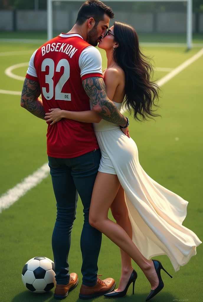 A man pick up woman and woman legs wrapped around man s waist and kissing eachother .man and woman standing in a football field ground .man is wearing red and white 32 no sports jersey. Girl is wearing long white dress and glasses. She has black hair and wearing high heel. Man is one foot standing on soccer ball . Girl hand in man s arm and man s hand on her ass. Man is 1 feet taller than woman. Make man arm cover with tattoo
