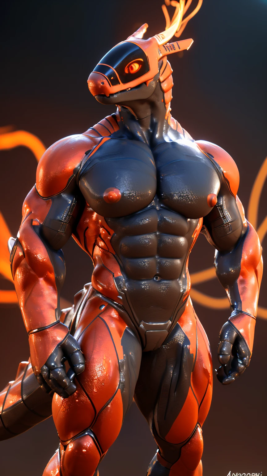 ((male redorange synth\(vader-san\):1.5)), ((scalie:1.5)), ((machine, robot, cyborg, Android:1.0)), Anthro, solo, ((muscular male, muscle:1.5)), ((redorange metallic body:1.5)), ((black silicon scale, redorange eyes:1.7)), ((ultra big pecs:1.7)), abs, (big ass:1.5), high tall, (nude, naked:1.5), ((glowing redorange nipple:1.5)), (tail:1.5), claw, standing, ((body builder pose:2.0)), looking here, ((redorange dark energy power aura:2.0)), ((detailed redorange visor face:1.5)), ((black simple background:1.7)), ((8K, best quality, ​master piece, Hyper realistic, Digital art, Photorealistic, photograph, absurd res, ultra detailed, high resolution, five fingers, upload to e621, \(artwork\):1.5)), ((by null-ghost, by taran fiddler, by anhes, by nekogaki:1.5)), ((3d, Unreal Engine 5:1.5)), ((zoom in head to thigh:1.2)), (body front, turn this way:1.2), (three quarter portrait1.2)