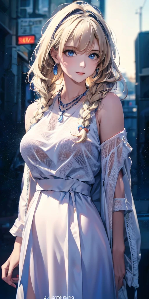 best quality, masterpiece, high resolution, A girl, portrait, actual, blue eyes, Blonde hair, Large Breasts, fashion brand image, Fashionable and casual, Fashion Clothing, necklace, Pretty Face, Perfect breasts, Tyndall effect, octane render, lifelike, Dark Studio, Side light, Two-color lighting, (HD Skin:1.2), 8K Ultra HD, SLR camera, Soft Light, high quality, Volumetric Lighting, frank, photography, high resolution, 4K, 8k, Bokeh, concept art, Art work,