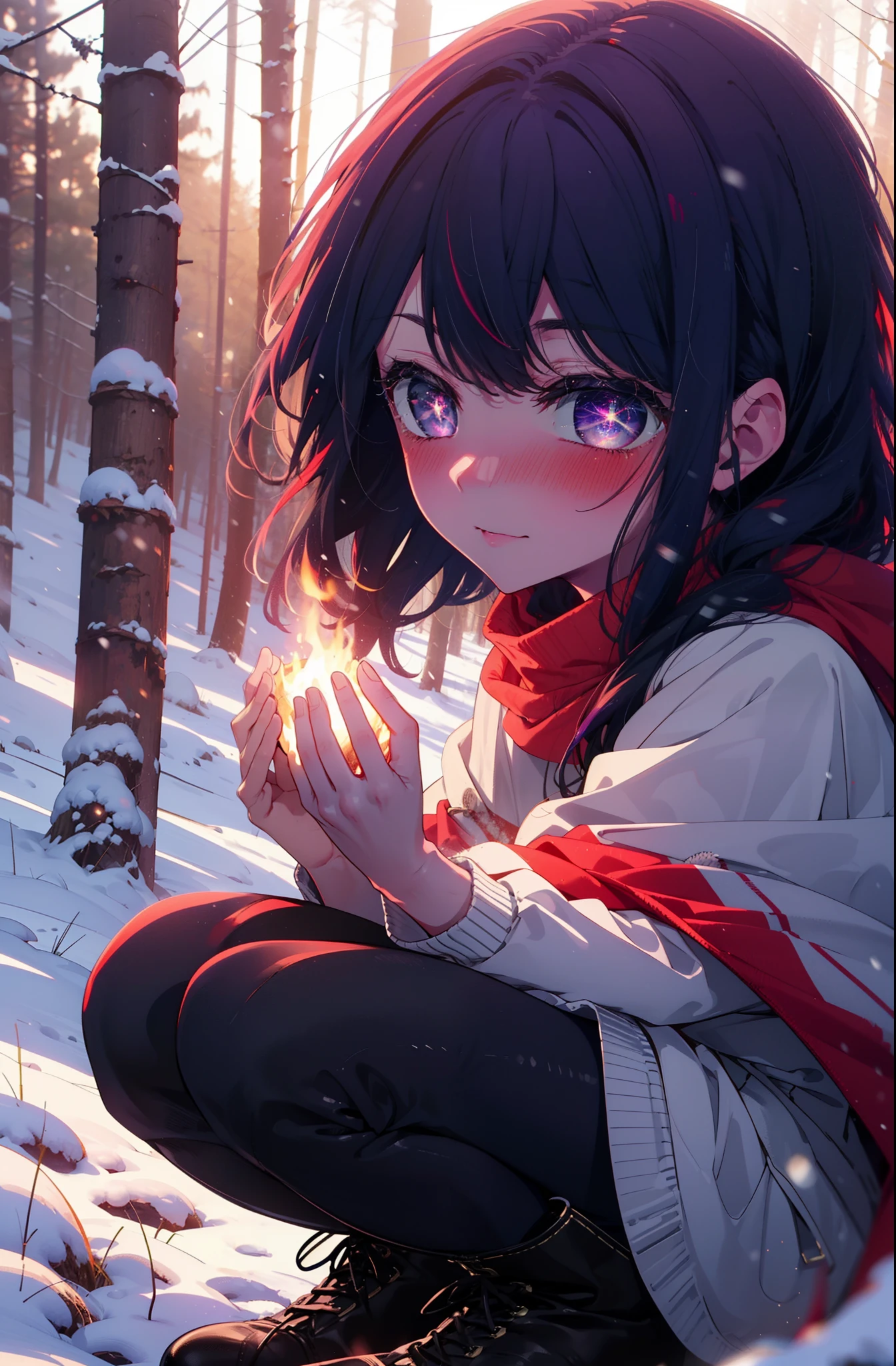 aihoshino, Ai Hoshino, Long Hair, bangs, (Purple eyes:1.1), Purple Hair, (Symbol-shaped pupil:1.5), smile,,smile,blush,white breath,
Open your mouth,snow,Ground bonfire, Outdoor, boots, snowing, From the side, wood, suitcase, Cape, Blurred, , forest, White handbag, nature, Squat, Mouth closed, Cape, winter, Written boundary depth, Black shoes, red Cape break looking at viewer, Upper Body, whole body, break Outdoor, forest, nature, break (masterpiece:1.2), Highest quality, High resolution, unity 8k wallpaper, (shape:0.8), (Beautiful and beautiful eyes:1.6), Highly detailed face, Perfect lighting, Highly detailed CG, (Perfect hands, Perfect ???????),