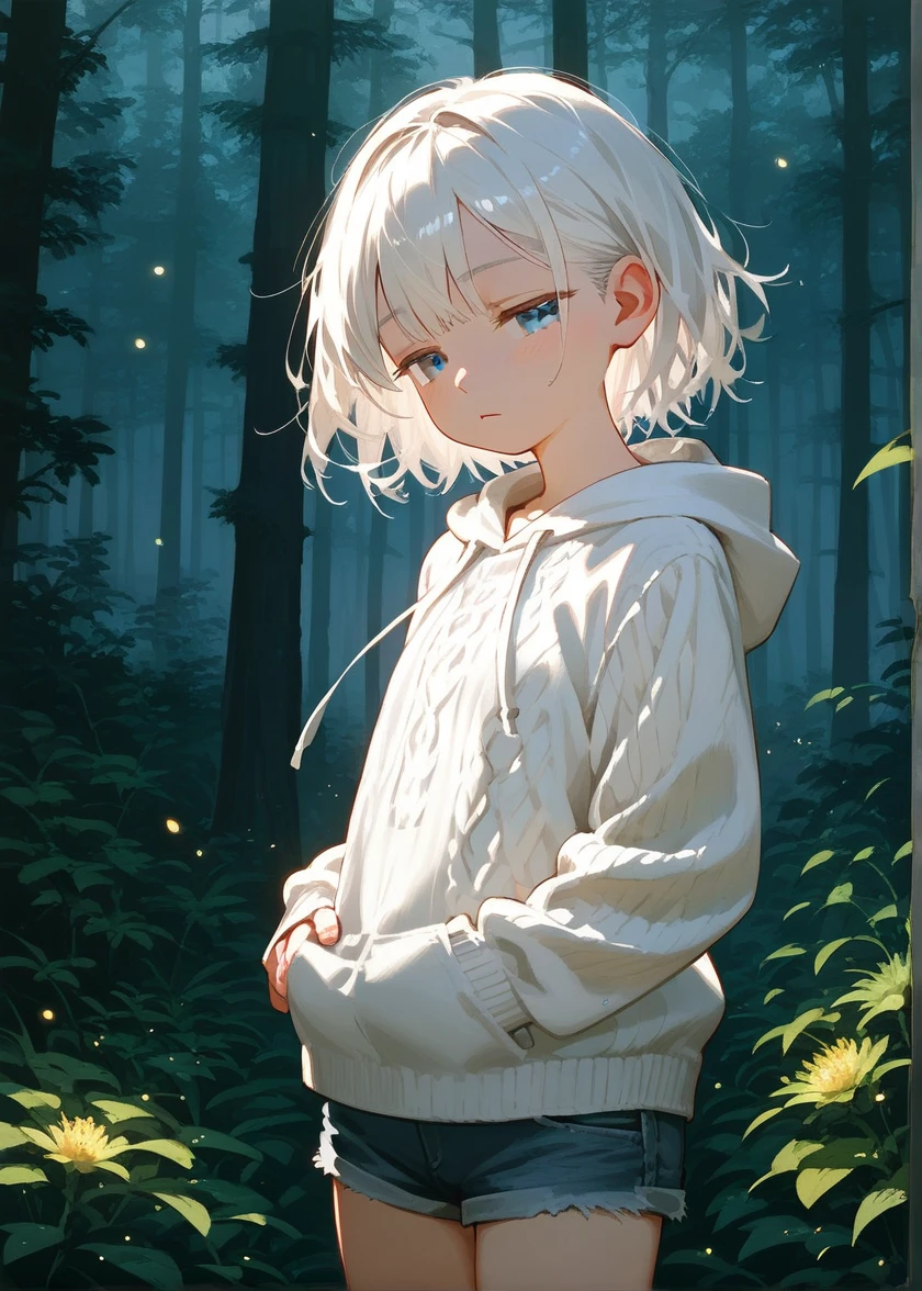 score 9, score 8 up, score 7 up, , young girl, grassland, detailed background, night, forest
White hair, blue eyes, half-closed eyes, emotionless, Jean shorts, white sweater hoodie, medium shot