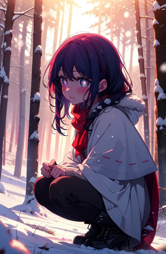 aihoshino, Ai Hoshino, Long Hair, bangs, (Purple eyes:1.1), Purple Hair, (Symbol-shaped pupil:1.5), smile,,smile,blush,white breath,
Open your mouth,snow,Ground bonfire, Outdoor, boots, snowing, From the side, wood, suitcase, Cape, Blurred, , forest, White handbag, nature,  Squat, Mouth closed, Cape, winter, Written boundary depth, Black shoes, red Cape break looking at viewer, Upper Body, whole body, break Outdoor, forest, nature, break (masterpiece:1.2), Highest quality, High resolution, unity 8k wallpaper, (shape:0.8), (Beautiful and beautiful eyes:1.6), Highly detailed face, Perfect lighting, Highly detailed CG, (Perfect hands, Perfect Anatomy),