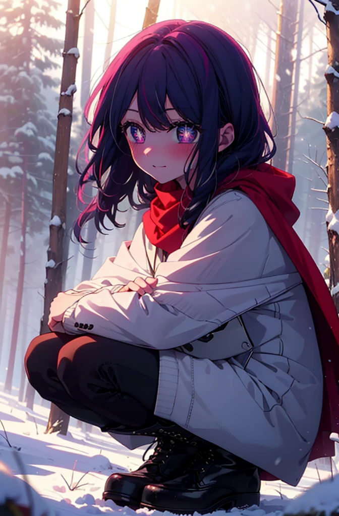 aihoshino, Ai Hoshino, Long Hair, bangs, (Purple eyes:1.1), Purple Hair, (Symbol-shaped pupil:1.5), smile,,smile,blush,white breath,
Open your mouth,snow,Ground bonfire, Outdoor, boots, snowing, From the side, wood, suitcase, Cape, Blurred, , forest, White handbag, nature, Squat, Mouth closed, Cape, winter, Written boundary depth, Black shoes, red Cape break looking at viewer, Upper Body, whole body, break Outdoor, forest, nature, break (masterpiece:1.2), Highest quality, High resolution, unity 8k wallpaper, (shape:0.8), (Beautiful and beautiful eyes:1.6), Highly detailed face, Perfect lighting, Highly detailed CG, (Perfect hands, Perfect Anatomy),