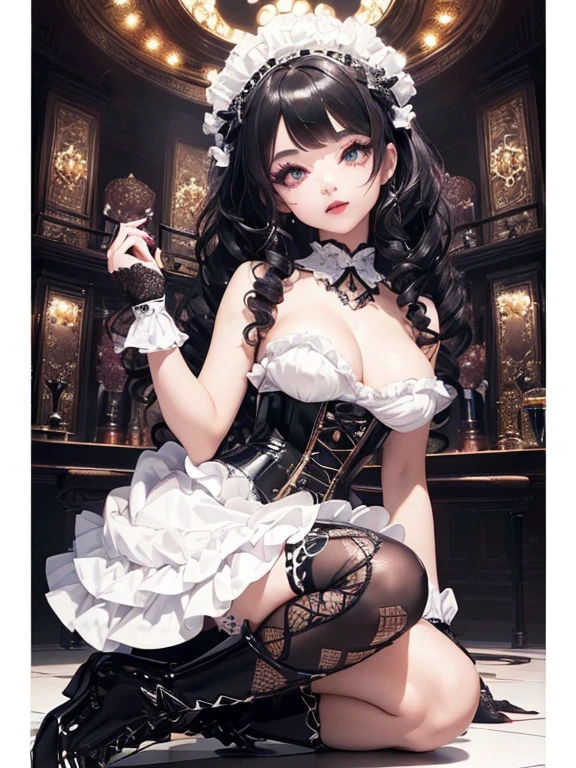 (1 girl 1.3) (extremely detailed 1.3) (anatomically correct, High precision, realistic skin) (RAW photo, Super detailed, advanced details, intricate details,), (Lighting: Face lighting, Ray tracing, reflective light, Structurally correct) ((Background: back room of a nightclub 1.3)) (Subject: beautiful Asian, mixed Asian, bronze skin, woman with hair in black curls and coils) (wearing: glamorous detailed embroidered white gothic ta rave, corset, white and black, neck wrists and fingers, wearing elegant gold and black high heel boot new rocks),((beautiful big eyes looking up at the viewer, black shiny lipstick, perfect Asian goth cyber makeup))