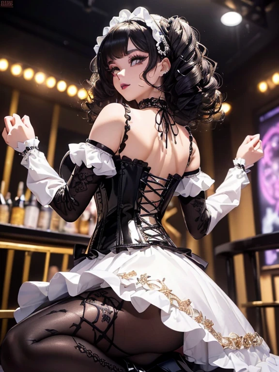 (1 girl 1.3) (extremely detailed 1.3) (anatomically correct, High precision, realistic skin) (RAW photo, Super detailed, advanced details, intricate details,), (Lighting: Face lighting, Ray tracing, reflective light, Structurally correct) ((Background: back room of a nightclub 1.3)) (Subject: beautiful Asian, mixed Asian, bronze skin, woman with hair in black curls and coils) (wearing: glamorous detailed embroidered white gothic Lolita rave, corset, white and black, neck wrists and fingers, wearing elegant gold and black high heel boot new rocks),((beautiful big eyes looking up at the viewer, black shiny lipstick, perfect Asian goth cyber makeup))