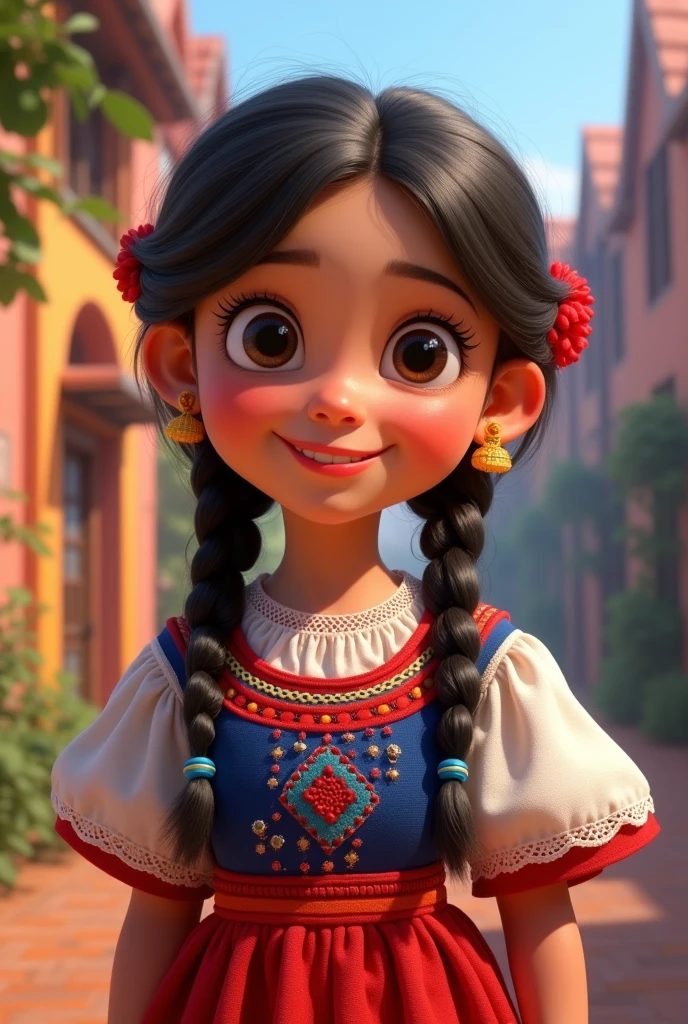 Pixar Disney style girl with braids dressed in the typical costume of the country of Paraguay, red, white and blue