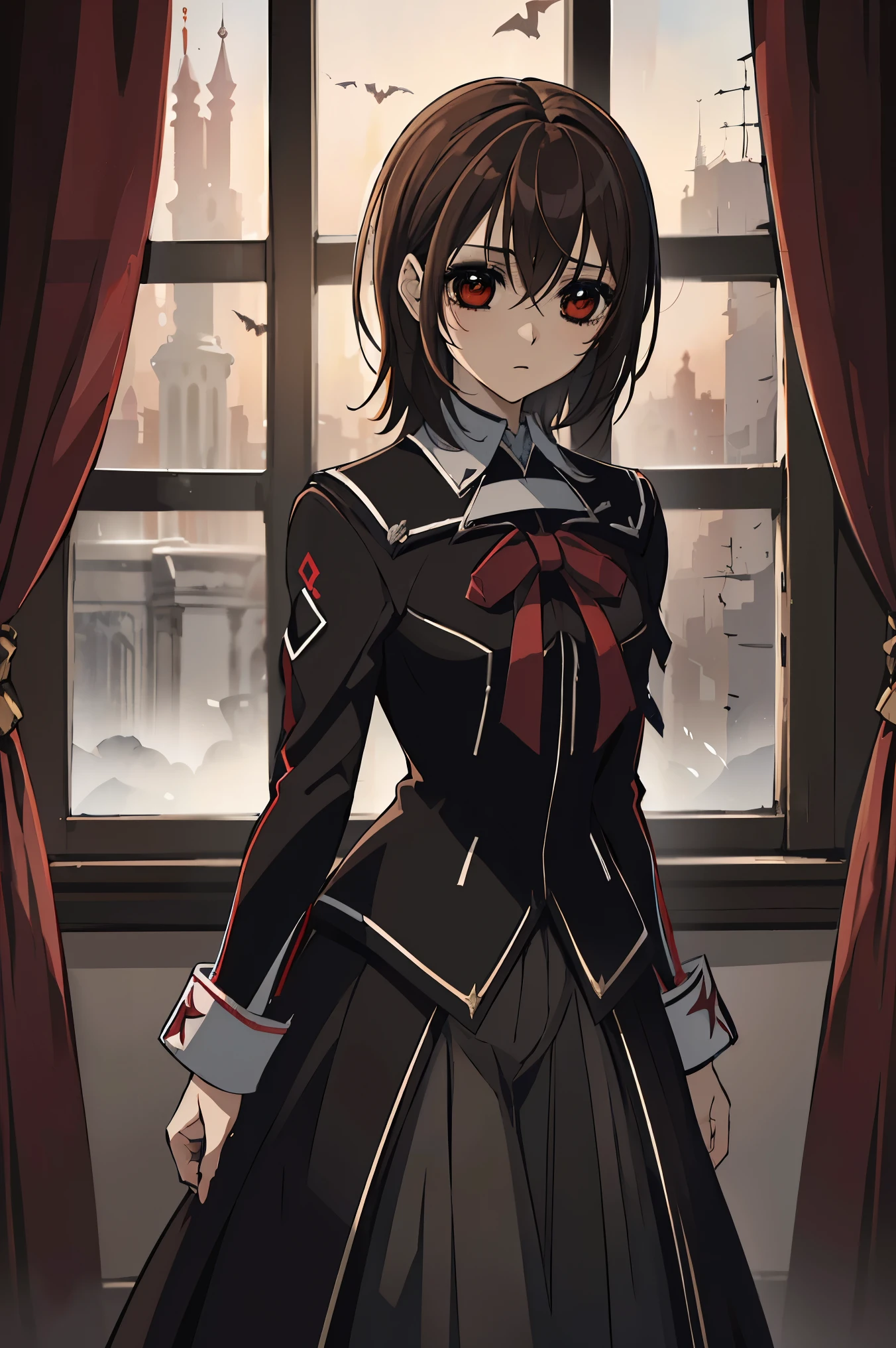 (absurdres, highres, ultra detailed, HDR), masterpiece, best quality, Yuki Cross, 1woman, solo, beautiful, brown hair, vibrant red eyes, finely eye and detailed face, window, red curtains, black uniform, vampire knight, arms behind back, solid crimson background, 