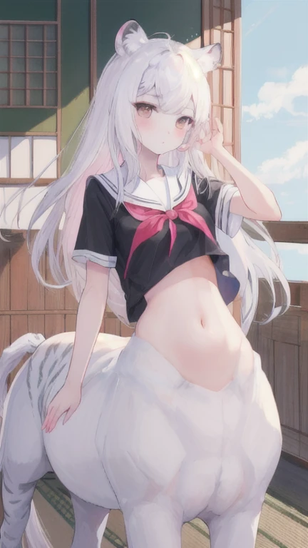 (best quality, masterpiece), 1 girl, centaur, I beg, White skin, Japanese schoolgirl, black pink, exposing the abdomen, belly button t-shirt , beautiful girl perfect, White tiger photo, 완벽한 White tiger photo