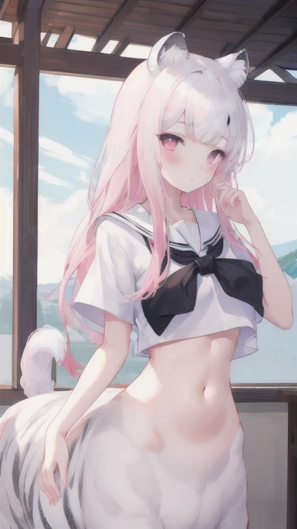 (best quality, masterpiece), 1 girl, centaur, I beg, White skin, Japanese schoolgirl, black pink, exposing the abdomen, belly button t-shirt , beautiful girl perfect, White tiger photo, 완벽한 White tiger photo