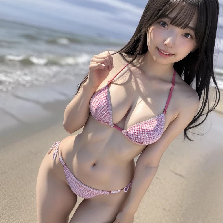 full body、Beautiful full body portrait, With both hands clasped gently in front、standing. Cute Woman, Windblown blonde hair, Realistic, The pieces fly, detailed, 4K, Beach Background, High definition light, A small smile, White skin,H Cup,Colorful micro bikinis,String Bikini,Ultra Micro Bikini,Realistic young gravure idol, Laughter, Cleavage,(ビッグH Cup), Perfect round breasts, Sandals, rich, Deluxe, Curly Hair, bangs, Realistic, belly button, Wet body, Thighs Thighs Thighs,Are standing, Looking at the audience, blush),Random Pause、Beautiful fingers、Five fingers、Live Action、Sexy pose、Low Angle、High leg swimsuit