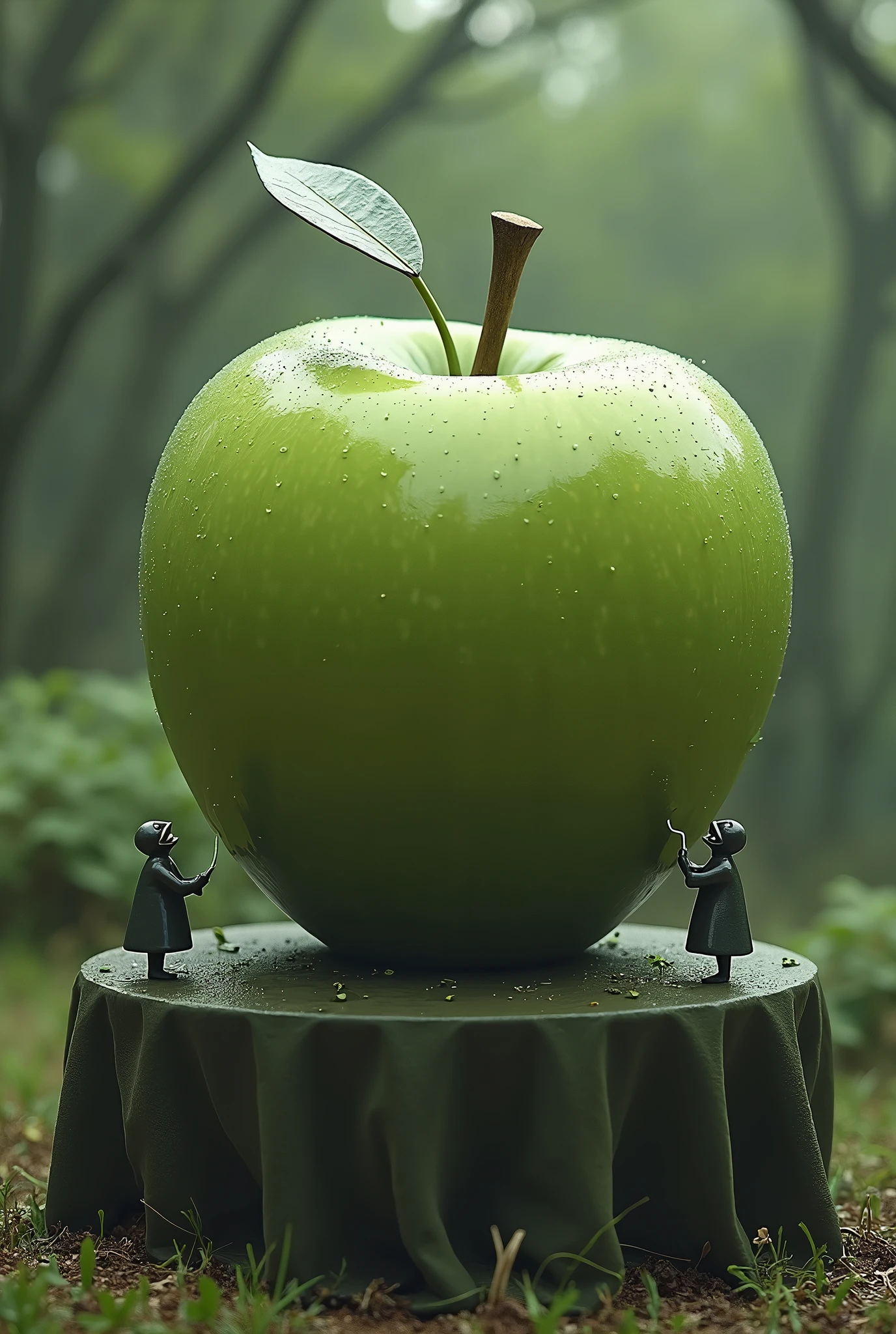 A Big Gaint Green Apple like a final boss on table with Morning dew drops on it. While mini evil doctors are trying to cover it with a big camouflage sheet that matches the background. The Sheet cloth is magical that what ever area it covers it makes apple invinsible form there