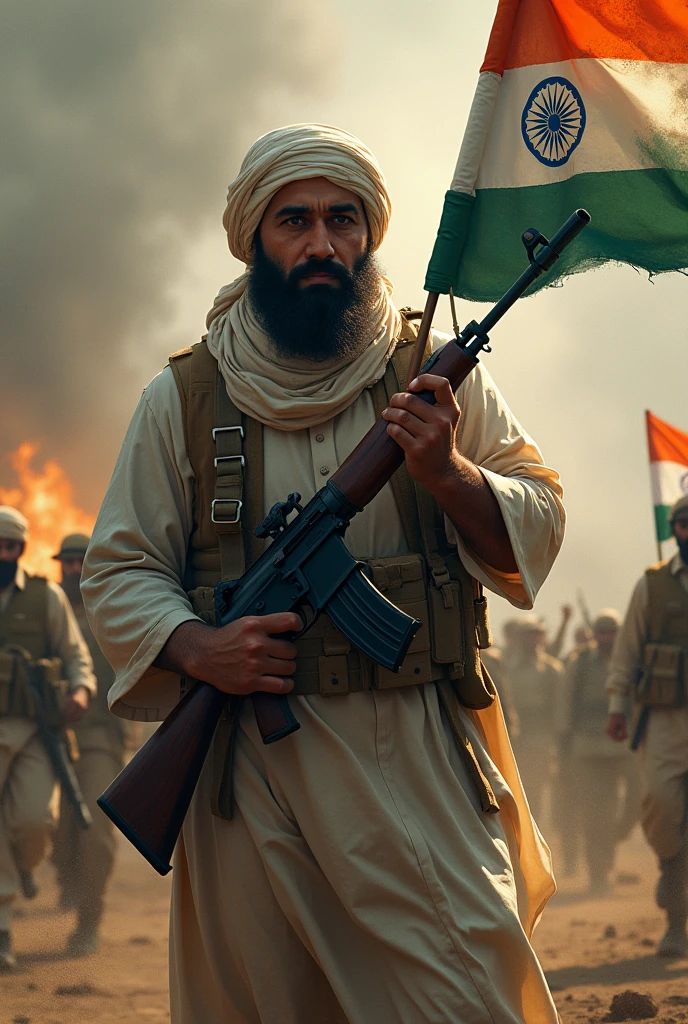 A mujahid holds a weapon and the Indian flag