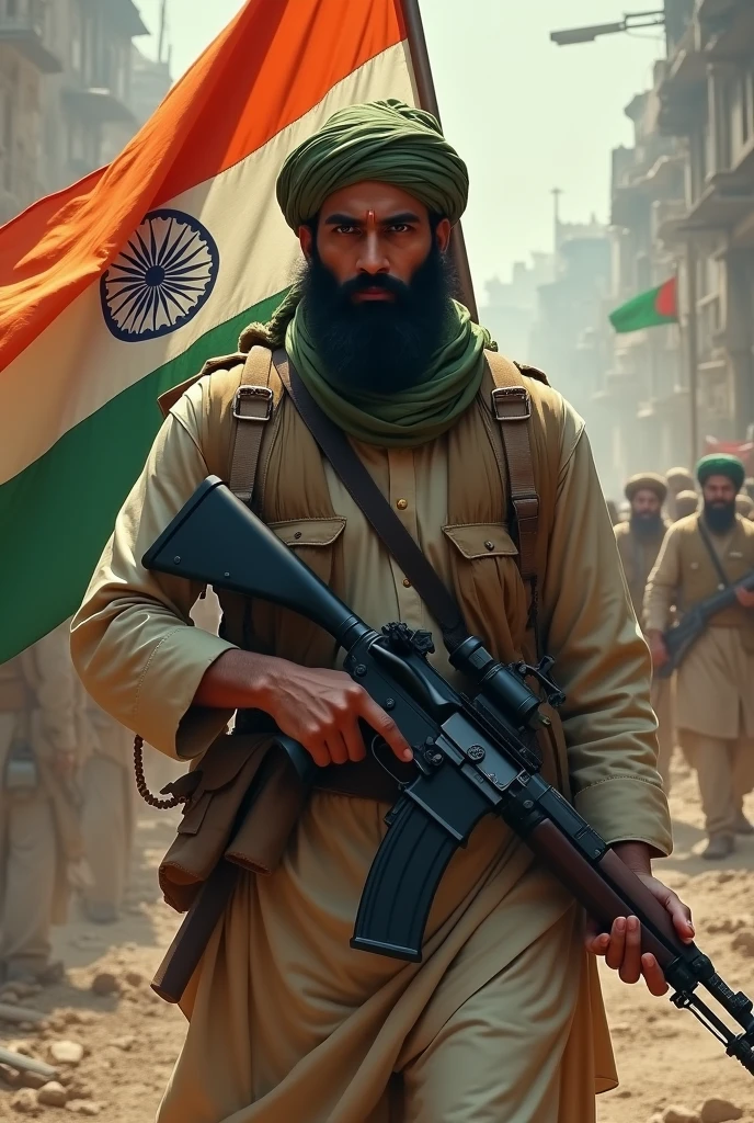 A mujahid holds a weapon and the Indian flag