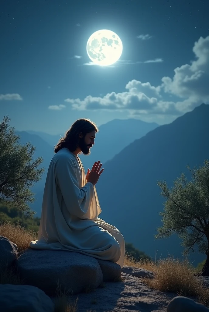 Peaciful Jesus, he is A man kneeling in prayer, top of olive garden, mountain top, night landscape with moonlight and clouds, neutral colors, luminous and majestic aura of Christ, (best quality,4k,8k,highres,masterpiece:1.2),ultra-detailed,(realistic,photorealistic,photo-realistic:1.37),HDR,UHD,studio lighting,ultra-fine painting,sharp focus,physically-based rendering,extreme detail description,professional,vivid colors,bokeh,religious,spiritual,atmospheric,cinematic,dramatic lighting