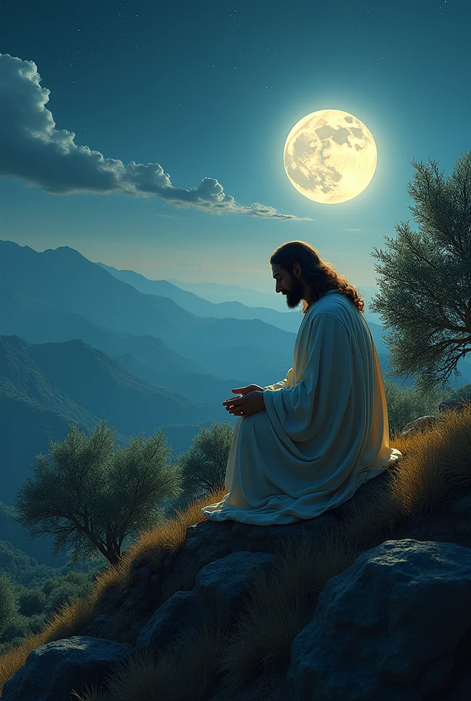 Peaciful Jesus, he is A man kneeling in prayer, top of olive garden, mountain top, night landscape with moonlight and clouds, neutral colors, luminous and majestic aura of Christ, (best quality,4k,8k,highres,masterpiece:1.2),ultra-detailed,(realistic,photorealistic,photo-realistic:1.37),HDR,UHD,studio lighting,ultra-fine painting,sharp focus,physically-based rendering,extreme detail description,professional,vivid colors,bokeh,religious,spiritual,atmospheric,cinematic,dramatic lighting