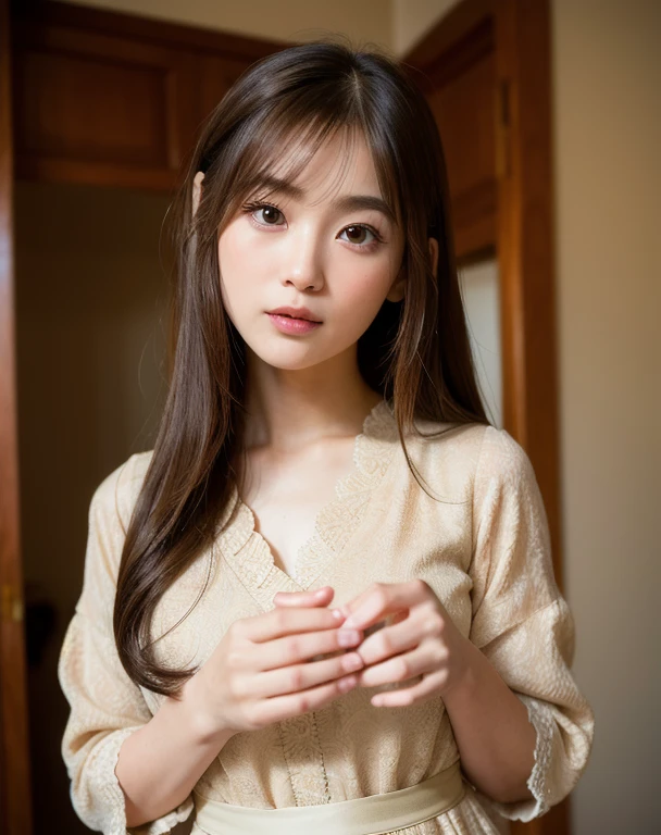 Highest quality, Face Focus, Soft Light, Ultra-high resolution, (Realistic:1.4), RAW Photos,
1 Japan, alone, cute, (pupil, Light in your eyes), Beautiful face in every detail, (Small box),(High resolution detail of human skin texture),
(Long Hair),
indoor,
Damask Shirt Dress,
(Portraiture)