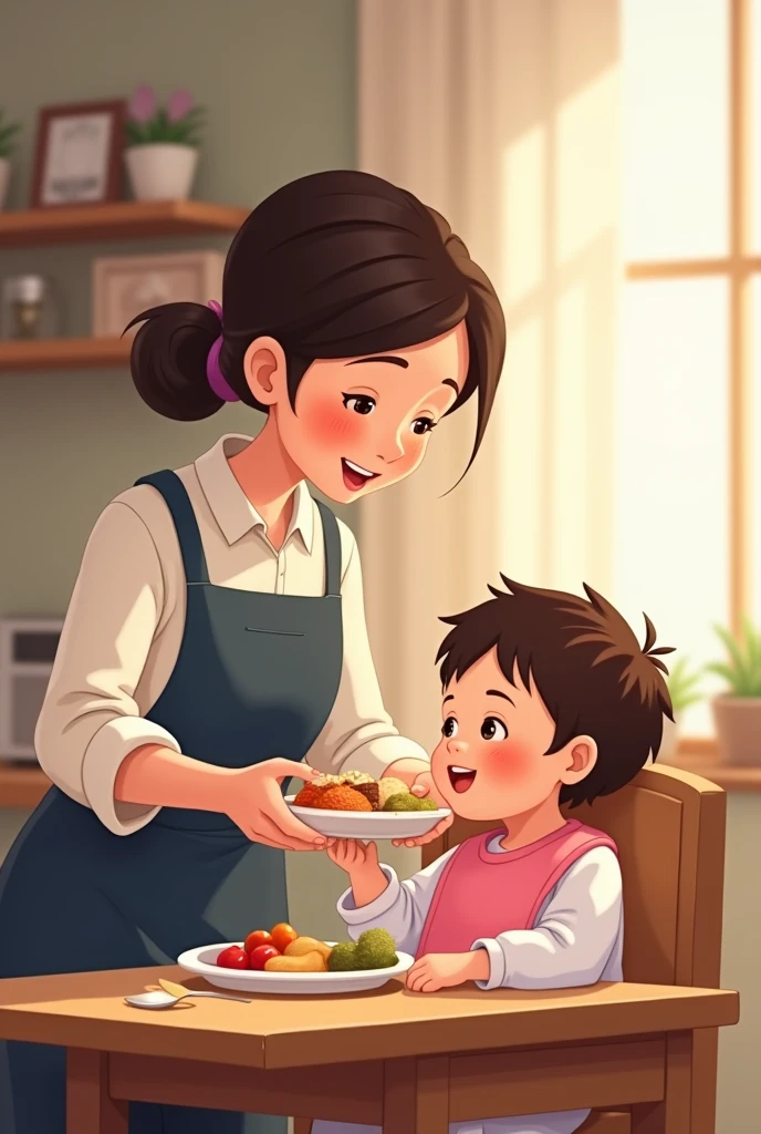 an animated mother in a white shirt and dark blue apron with dark brown colored hair gave a plate of food to her baby sitting in a brown high chair and wearing a pink drool bib