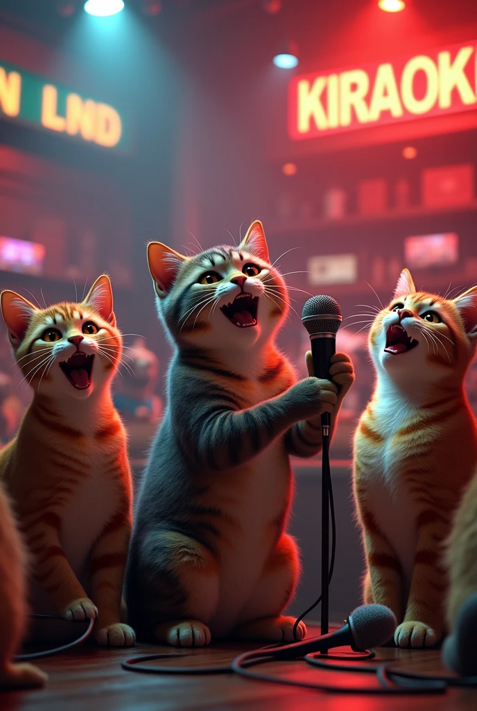 Génère moi une image de chat ultra réaliste qui chante dans un karaoké avec un micro avec ses autres amis chats