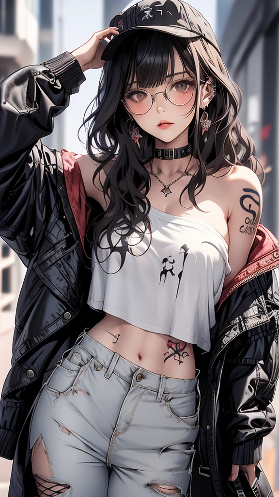 masterpiece, highest quality, pixiv, Cool girl, the strongest pirate girl, topless, Lips in love, dark brown hair, Curly hairs, blunt bangs, straight bangs, gray eyes, White skin, Girl, improve, Graffiti-Stil, Cool, villain, Bad Girl, tattoo, wears red binnie、Face close-up、Tinted Glasses