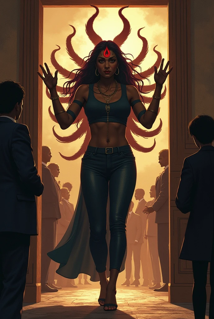 As the young woman walks out of the courtroom, her head held high, she is surrounded by people who look at her with respect and admiration. Her silhouette begins to merge with the image of Kali, the goddess of destruction and empowerment. The transformation should be subtle yet powerful, with the modern figure gradually becoming overlaid with the fierce, multi-armed form of Kali. The final image is one of unity between the woman and the goddess, symbolizing her unbreakable spirit and newfound power.