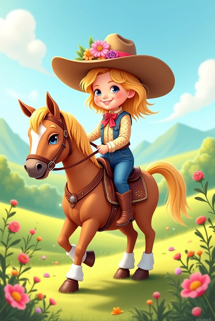 blonde drawing of a three-year-old cowgirl riding a horse with a flowery hat