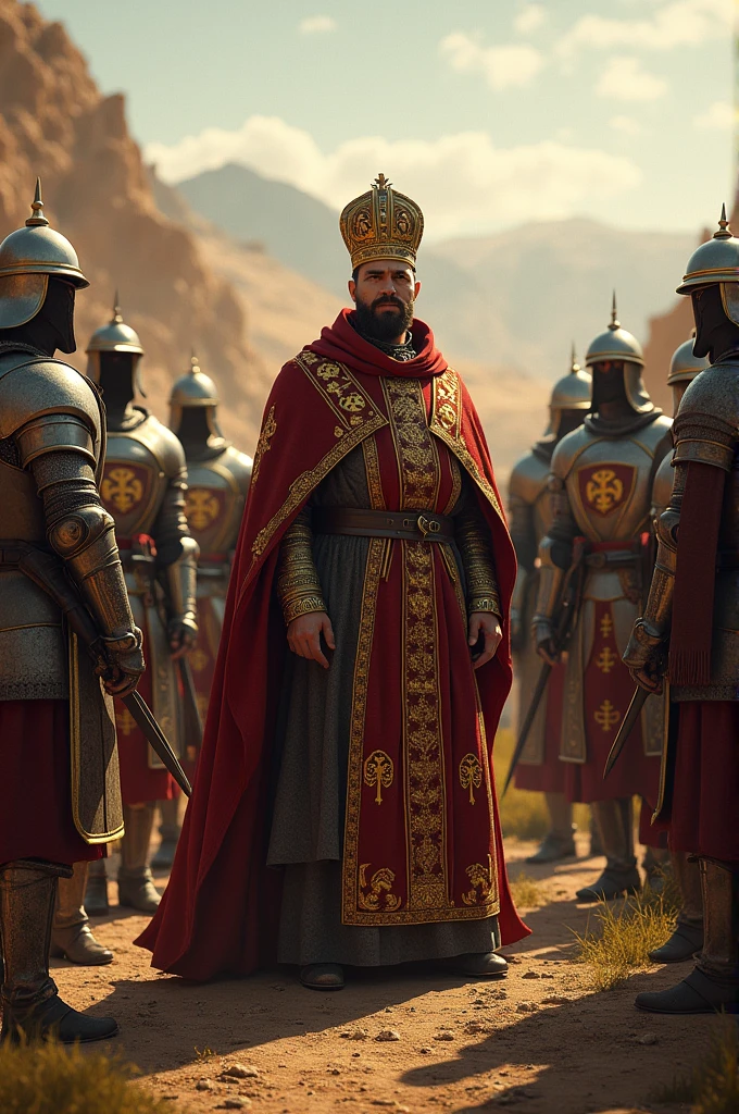create an image where a member of the clergy in the Holy Roman Empire is together with crusader warriors