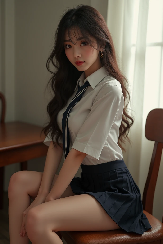 Create a photo of a female student wearing a uniform skirt and sitting seductively on a chair