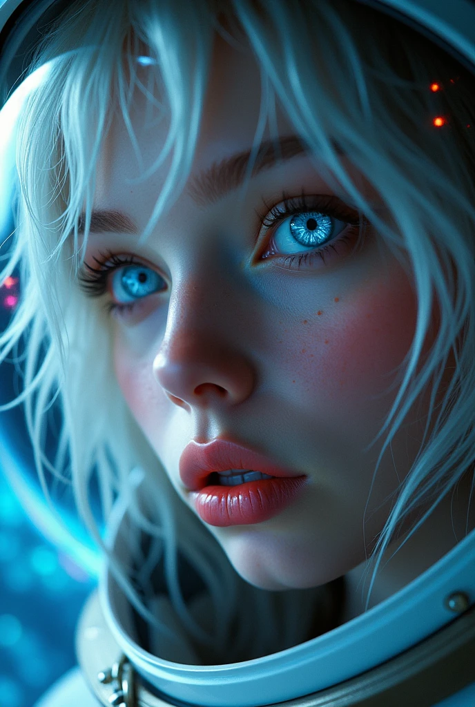 (Close-up of a better masterpiece: 1.5) 0.9], (Space and astronauts: 1.2) (Disheveled silver hair: 1.1) (Xanthochromia heterochromia and blue eyes: 1.2) (space helmet: 1.0) (colorful stars in the eyes: 1.0) (A radiant glow: 1.1) (thick lips: 0.9)