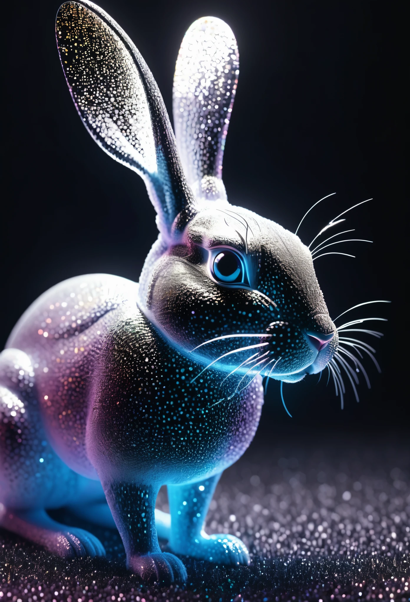 ascii art，Nick，Veasey，Linear Shimmer， Glass candy wrapper，The giant rabbit was decomposed into countless extremely tiny glowing white dot particles.，Particle glow dark background dark night glow HD rendering，Minimalist composition，High contrast Tilt-shift 32k Octane render