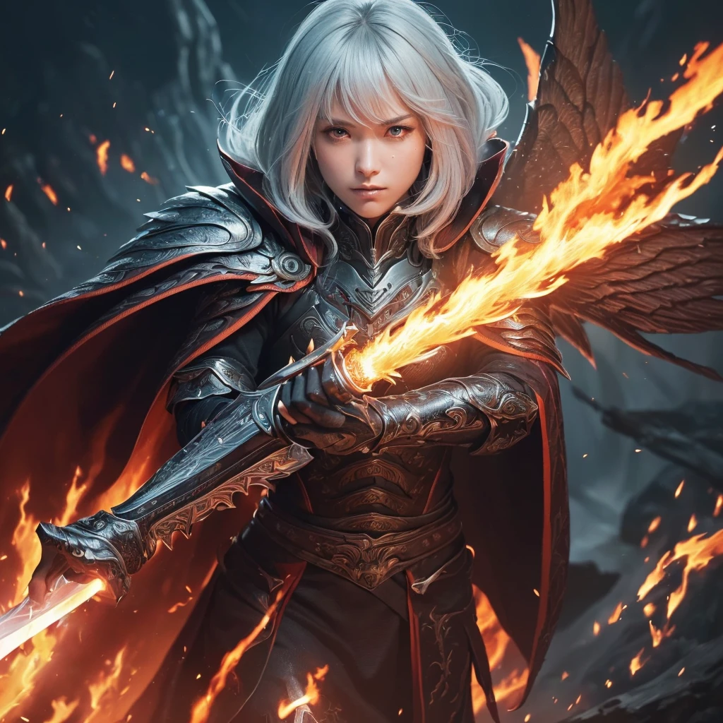 ((Ultra-fine illustrations, 8k, masterpiece :1.2, Sharp focus :1.2, Depth of written boundary:1.2)), Beautiful Swordsman, Absurd, Highly detailed face and skin texture, Silver Hair, Jet Black Armor, Flame Armor, Cloak on Fire, Flaming Sword, Wings of Fire, Determination to overcome sadness, There's a sign of determination in your gentle eyes , Strong Soul