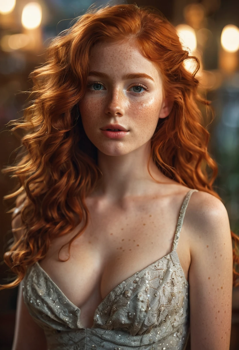 a red-haired girl with fair skin and freckles, long curly light orange hair, emerald green eyes with a sarcastic expression, gorgeous body, with beautiful and very large breasts, all naked, highly detailed and expressive face, (best qualityer,4K,8k,high resolution,work of art:1.2),ultra detali,(realisitic,photorealisitic,photo-realisitic:1.37),portraite,conceptual artwork,dramatic lighting,bright coloured,details Intricate, (Avoid deformed and poorly designed eyes)