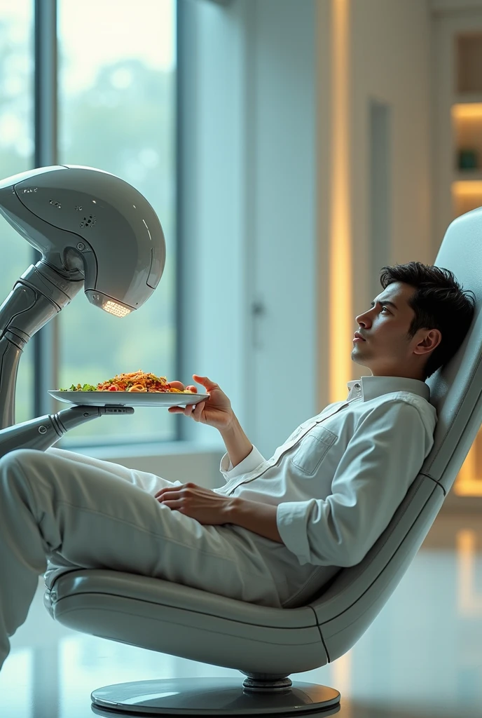 Lazy human of future world eating with help of machine