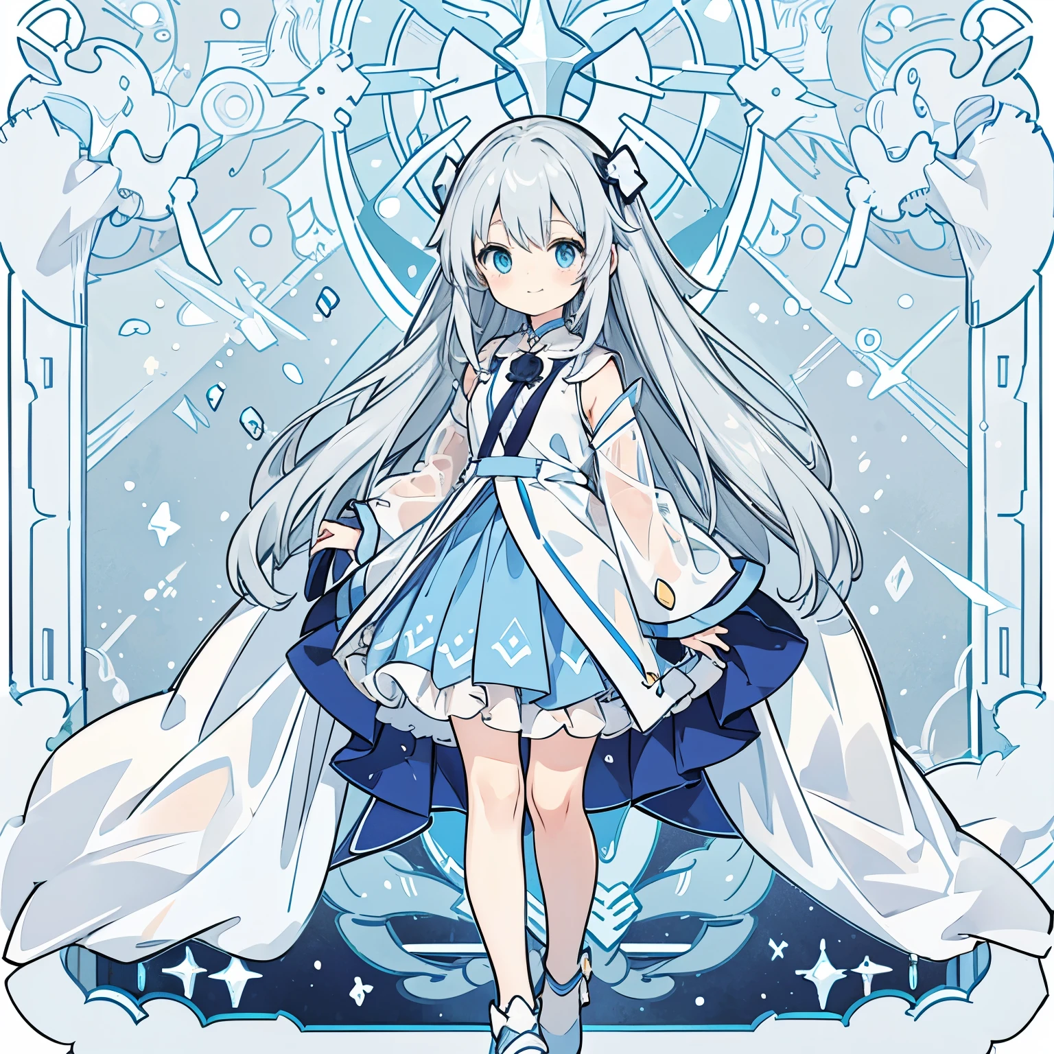 One person 小さいBody長 低Body長 Baby Face cute Light gray hair Long Hair Blue colored eyes Magical girl witch Body 全Body shoes Sheer clothing Embarrassed A little smile Clothes with holes in various places Transparent hair Transparent long skirt
