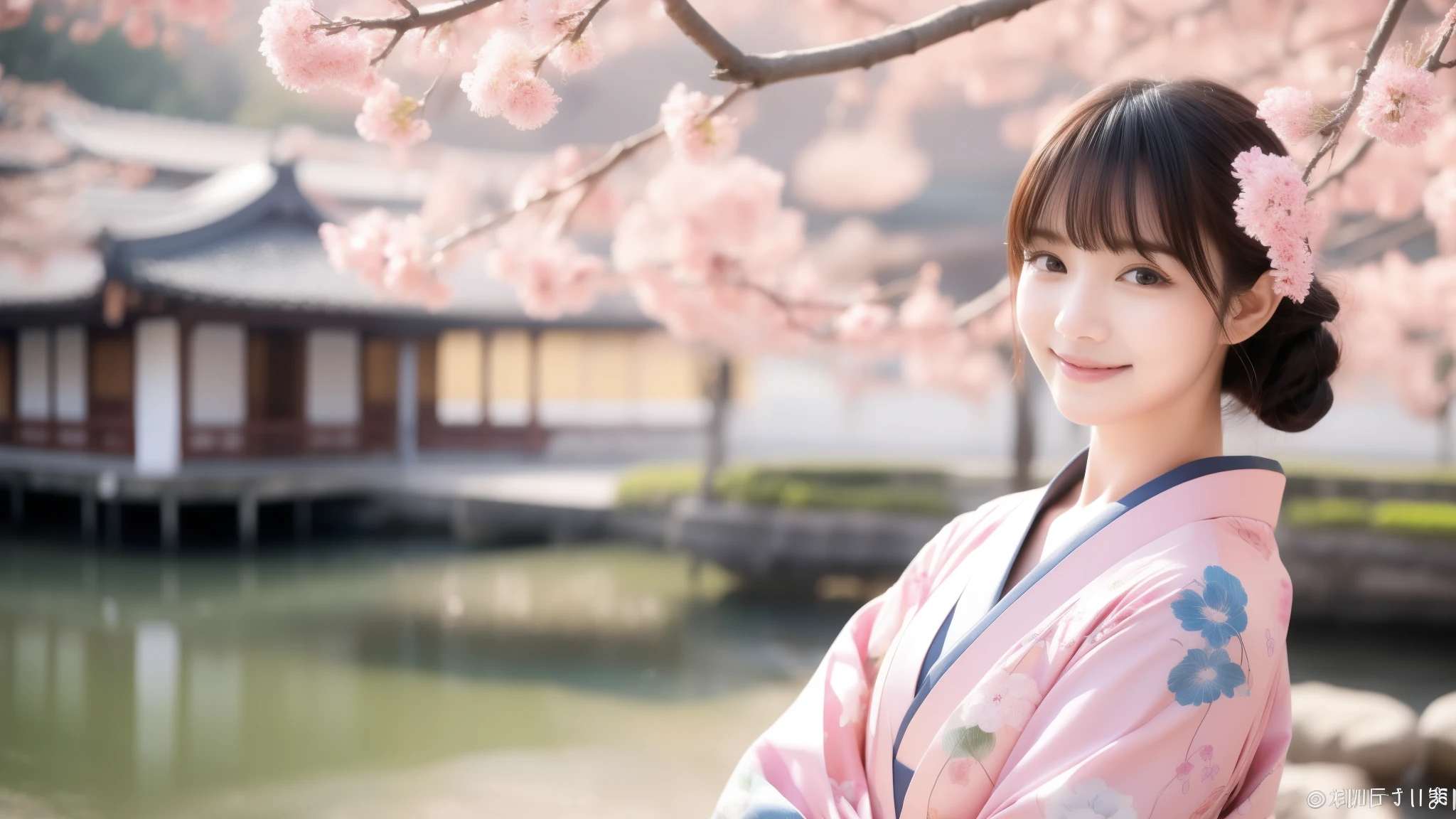 Pink base, smile, Neatly trimmed bangs、Straight and voluminous bangs、Short bangs, 最high quality、high quality、Best image quality、8k、最High resolution、High resolution、temple, Realistic photos, Healthy body, Beautiful Eyes, Flowing black hair, Colorful kimono, Calm expression, Soft lighting, Traditional Japanese art style, Vibrant colors, Peaceful atmosphere, Delicate features, Graceful posture, Beautiful Landscape