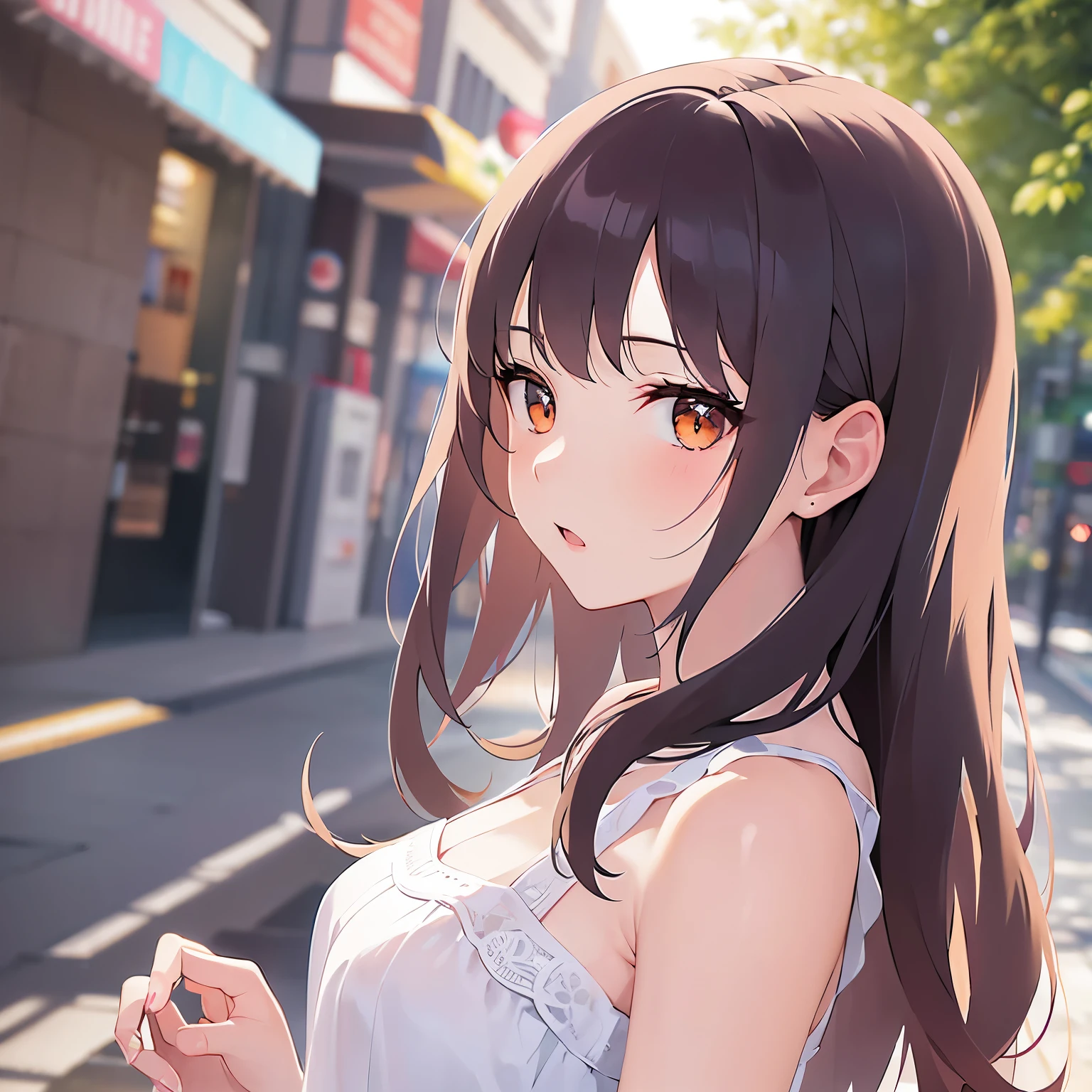 （looking at viewer:1.5）Upper Body, Side shot、 Realistic, real person, (pale skin: 1.2), RAW photo, photorealistic, shiny skin, shiny hair、(A 25-year-old woman with medium-length hair and bangs) and (wavy hair) and (brown hair) and (orange eyes) , White camisole dress、 (blush:1.5),open mouth,(alone:1.5),park