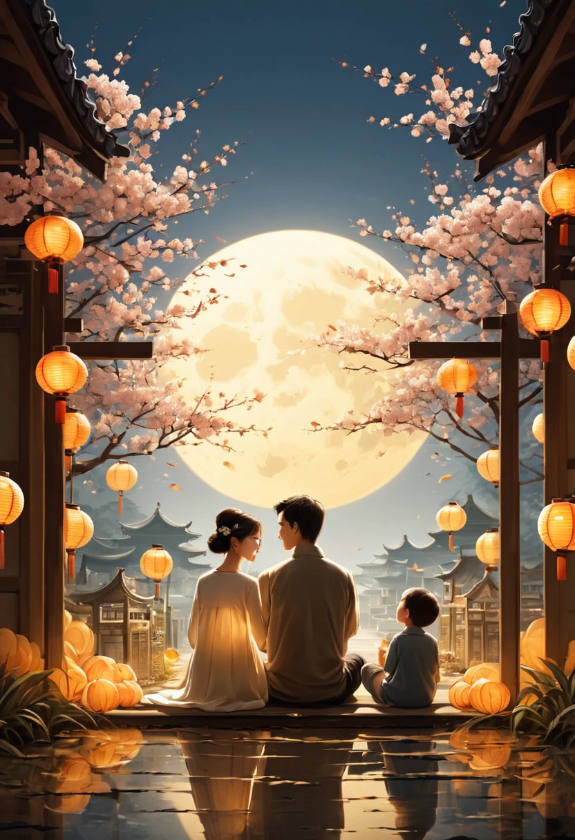 mid-autumn festival，Handsome father and charming beautiful mother, a cute child and a family sitting in the garden holding a lantern(There are many beautiful flowers in the foreground)Let’s enjoy the huge and beautiful moon. The warm, peaceful and happy atmosphere. The movie lights. Warm tones. Masterpiece. The happy scene is very beautiful., perfect composition, intricate details, Super detailed ( perfect anatomy ) Beautifully, 清新優雅的審美風格噴槍數位油畫精緻的藝術作品 營造出mid-autumn festival歡樂場景 (unique style)Very detailed, Real raw photos, best movie quality, Extremely fine texture, High quality work from a master artist