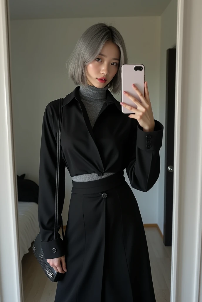 highly detailed, beautiful, hyper Realistic girl, masterpiece, best quality, Japanese sexy fashion model, 2, identity hidden, takes a selfie in her room using a smartphone in front of a mirror with one hand, fashion model Posing, looking away from the camera, /// gray short hair, light color eyes, Realistic skin, Detailed face, /// black-themed, futuristic-inspired fall outfit, black asymmetrical sleek short shirt with collar, form-fitting turtleneck in a soft gray fabric. Combine this with high-waisted black layered maxi patchwork skirt made from a modern silhouette, Footwear should include black, futuristic sneakers with Thick soles. Accessories might involve a slim, a minimalist silver crossbody bag. The overall look should blend modern functionality with futuristic elements, offering a fresh, forward-thinking take on autumn fashion, /// Monotone simple modern taste single room, mirror, complicated background