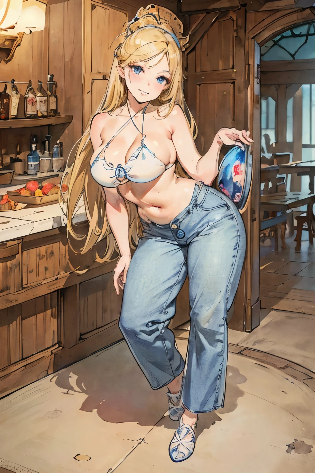 SFW,masutepiece, Best Quality, High resolution, 1girl in, Full body, Details Girl, detail hands, Detail fingers, Detail Face, detail legs, 1girl, masterpiece, best quality, ultra-detailed, glistening shiny, glowing light, ray tracing, HDR, (perfect face, detailed face, detailed eyes), 8k,HD,ultra realistic face, ray tracing, perfect lighting, best quality, ultra-detailed, High resolution, Full body, Description Girls, detail hands, Detail fingers, Detail Face, cute face, detail legs, overdetailed art, Fine details, blonde hair, blue eyes, ((sidetail hair)), huge breast, huge ass, oily skin, white bikini halter top, (denim pants), blue denim, pose provocatively, evil grin, ((in tavern)), (Crowded), people, (art nouveau)