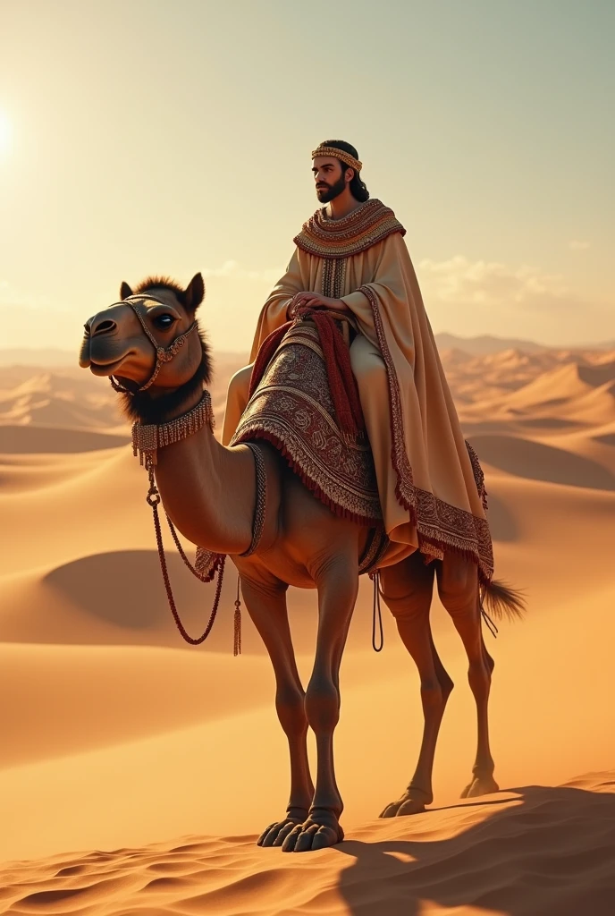 a camel riding through a desert landscape, detailed facial features, ornate saddle, golden jewelry, billowing cloak, vast sand dunes, dramatic lighting, cinematic composition, intricate patterns, vibrant colors, photorealistic, 8k, best quality, highly detailed, masterpiece